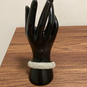 Silvertone Hinged Bangle Bracelet with 6 Across Round Sparkly  Crystals.